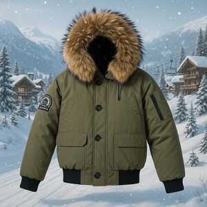 Women's goose down bomber parka Jacket coat olive raccoon fur arctic gear sz M